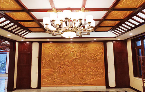 王五镇中式别墅客厅中式木作横梁吊顶装饰展示